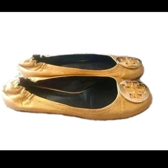 Tory Burch Womens Reva Metallic Gold Leather Ballerina RARE Statement Flats 9.5 - Picture 2 of 15